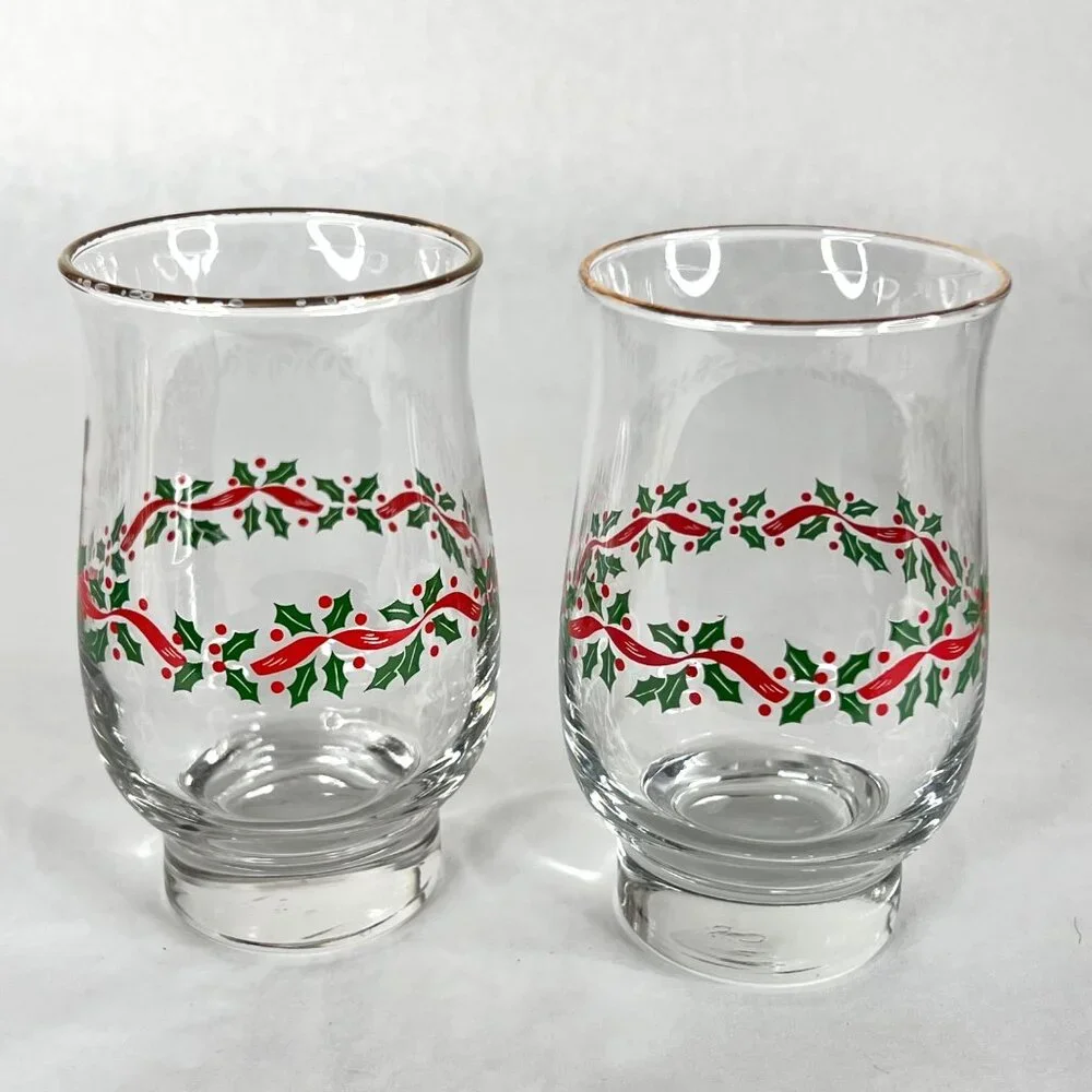 4 Libbey Christmas Holly Berry Glass Red Ribbon Tumbler Tulip Gold Rim 14 OZ VTG